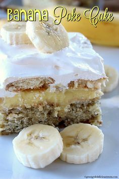 banana poke cake with frosting and sliced bananas