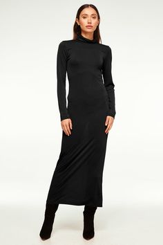 The Liv dress is a figure-hugging maxi turtleneck dress cut from the softest black modal fabric. A wardrobe staple to pair with your favorite fall jackets and blazer. This versatile style can be paired with flats or boots for the perfect transitional style. Made in the USA Dry Clean64% Modal 34% Polyester Model Measurements: Height 5'8.5", Waist 25", Bust 32", Hips 34.5"Model is wearing size XS Black Maxi Dress With Side Slits For Work, High Neck Maxi Dress For Winter Evenings, Winter Evening High Neck Maxi Dress, Evening High Neck Maxi Dress For Winter, Fall Maxi Dress With Side Slits For Night Out, Elegant Turtleneck Maxi Dress For Fall, Fall Night Out Maxi Dress With Side Slits, Sleek Stretch Maxi Dress For Fall, Fitted Turtleneck Maxi Dress For Fall