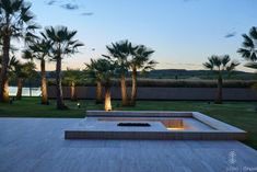 an outdoor fire pit surrounded by palm trees