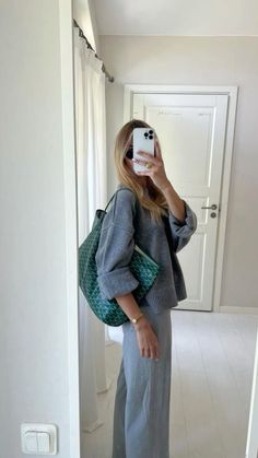 Goyard| green purse| designer bags| light sweater| flowy pants| simple jewelry| gold jewelry| watch| mirror pic| trendy| ootd| sofia richie style| european fashion| outfit idea| blonde hair| sunglasses| Scandinavian style| clean girl| that girl| hair ideas| travel outfits| comfortable outfits| street style london| trendy outfits| Fall 2023 Outfits Aesthetic, Low 60 Degrees Outfit, Europe University Outfit, Staple Winter Outfits, Business Spring Outfits, Scandinavian Modest Fashion, Fall 23 Aesthetic, Smart Casual Conference Outfit, Timeless Everyday Outfits