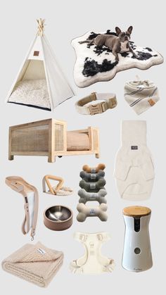 an assortment of items that include a teepee, dog bed, and other things