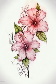 a drawing of two pink flowers with green leaves