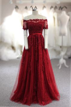 Wine Red Lace Off The Shoulder Long Party Dresses, Elegant Bridesmaid Dress 2019 on Luulla Red A-line Tulle Dress, Fitted Red Tulle Dress, Red Fitted Tulle Dress, Burgundy Tulle Dress For Prom Season, Burgundy Dresses For Prom Season, Red A-line Dress For Prom Season, Red Christmas Dress For Banquet, Red Christmas Banquet Dress, Red Fitted Tulle Evening Dress