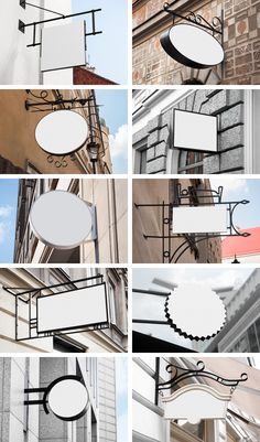 several different signs hanging from the side of a building with windows and sky in the background