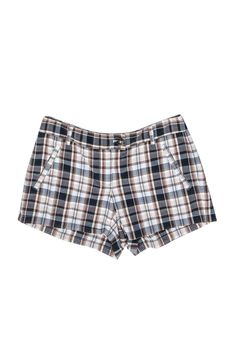 Current Boutique-Theory - Brown, Blue & Beige Plaid Short Sz 2 Summer Plaid Shorts With Built-in Shorts, Casual Plaid Cotton Shorts, Summer Vacation Plaid Shorts, Casual Plaid Shorts, Summer Plaid Bottoms With Built-in Shorts, Plaid Bottoms With Built-in Shorts For Summer, Plaid Skorts With Built-in Shorts For Summer, Trendy Plaid Short Bottoms, Trendy Short Plaid Bottoms