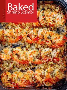 baked shrimp scamps in a baking dish with the title above it reads baked shrimp scamps