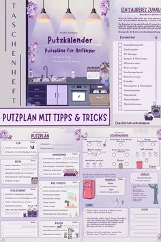 a purple kitchen with lots of items on the counter and below it is an info sheet for