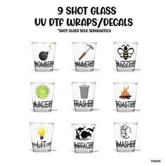 9 Shot Glass UV DTF Wraps - Decals Bundle - Vol. 3 - Weefers Shot Glasses Diy, Sassy Quotes Funny, Bookmark Pen, Cup Wraps, Glass Coffee Cups, Amazon Storefront, Hobbies And Interests, Print Decals, Cup Wrap