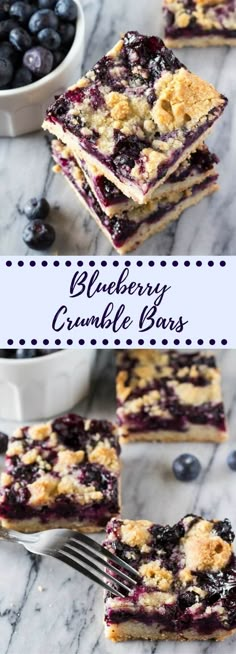 blueberry crumble bars are stacked on top of each other and ready to be eaten