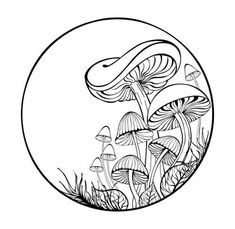 a black and white drawing of mushrooms in a round frame with grass on the bottom