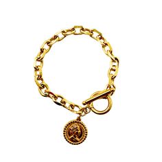 Materials: Stainless steel  Color: Gold Size: 6.5 in., coin: 0.75 in. Water resistant 💧 Allergy Information: Hypoallergenic Sample sale items may have minor imperfections. Sample sale items include display items, back stock, discontinued styles and styles with minor defects. Coin Bracelet, Sample Sale, In Water, Pitcairn Islands, Sale Items, Coin, Water Resistant, Im Not Perfect, Size 6