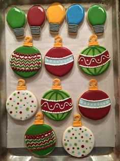 decorated cookies in the shape of christmas ornaments