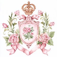 a pink crest with roses and ribbon around it