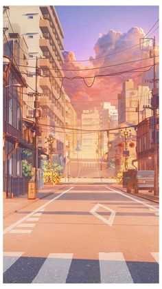 an anime scene with the sun setting in the distance and buildings on either side of the street