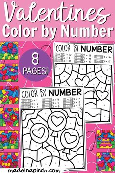 valentine's day color by number coloring pages for kids with hearts and numbers on them