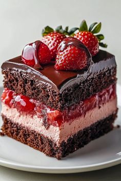 a piece of cake on a plate with strawberries and chocolate frosting in the middle