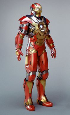 an iron man is standing in front of a gray background