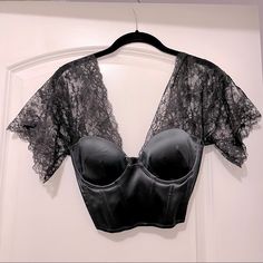 Bought This Years Ago And Never Ended Up Wearing It. Basically Brand New! Feel Free To Drop Any Questions Below! Lace Underwire Top For Night Out, Fitted Black Top For Night, Black Fitted Top For Night, Fitted Black Night Tops, Black Underwire Top For Night Out, Fitted Lace Trim Top For Night, Fitted Tops With Built-in Bra For Night, Black Lace Shorts, Lace Short