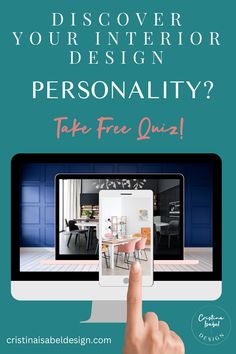 a person pointing at a computer screen with the text, how do you recover your interior design personality? take free quiz