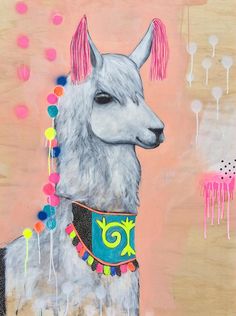 a painting of an alpaca with pink, yellow and blue decorations on it