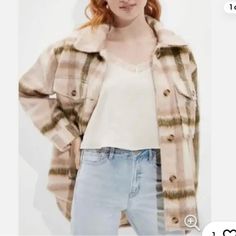 This Is A Heavy Shacket With A Fuzzy Texture. Very Cute And Warm! Very Oversized! American Eagle Jacket, American Eagle Hoodie, Plaid Shacket, Lined Denim Jacket, Distressed Jean Jacket, Heavy Jacket, Soft Jacket, Distressed Denim Jacket, Cropped Denim Jacket