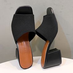 Pattern:Solid colorClosure:Slip-onToe Style:Square toeAll-season:All-seasonHeel Hight:High HeelStyle:ElegantUpper Material:FabricInner Material:FabricInsole Material:man made materialsSole Material:RubberItem ID:NH78007 Summer Slip-on Heels With Block Heel, Summer Medium Width Flat Heel Mules, Trendy Slip-on Open Toe Mules, Casual Square Toe Block Heels, Casual Block Heels With Square Toe And Medium Width, Casual Block Heels With Square Toe, Medium Width, Black Block Heel Summer Mules, Black Block Heel Mules For Summer, Summer Square Toe Synthetic Mules