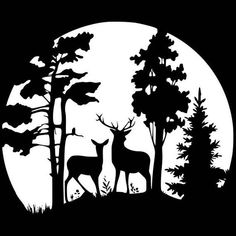 two deers in the woods under a full moon with trees silhouetted against it