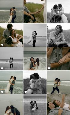 a collage of people hugging and kissing on the beach