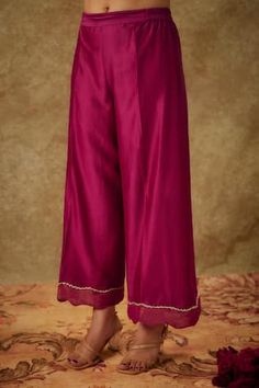 Magenta A-line kurta with floral zardozi embroidered neck. Paired with scallop hem pant and an organza dupatta. - Aza Fashions Silk Palazzo Set With Dupatta, Elegant Silk Palazzo Set With Dori Work, Elegant Traditional Drape Pants For Eid, Wedding Chanderi Sets With Straight Pants, Festive Sets With Embroidered Border And Straight Pants, Diwali Straight Pants Palazzo Set With Zari Work, Diwali Palazzo Set With Zari Work In Straight Pants, Elegant Embroidered Salwar Kameez With Straight Pants, Traditional Designer Pants With Gota Work