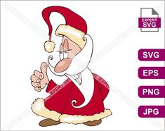 santa claus is pointing to the side with his right hand and wearing a red suit