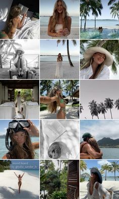 the collage shows many different images of women in bikinis and sunhats