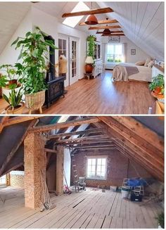 two pictures of an attic with wood floors and exposed ceilings, one has a bed in it