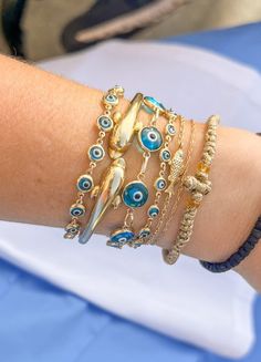 Evil Eye Necklace And Bracelet, Evil Eye Bracelet Stack, Greece Jewelry Aesthetic, Hellenic Aesthetic, Eye Accessories, Jewellery Aesthetic, Layering Jewelry, Birthday Inspo