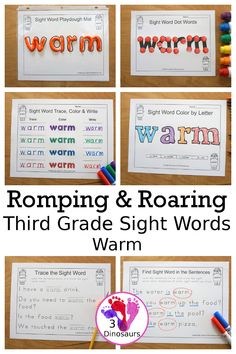 four different sight words with the word warm and warm written on them, including an image of