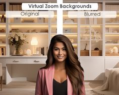 a woman standing in front of a room filled with furniture and bookshelves that read virtual zoom backgrounds