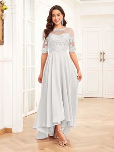 #color_Ivory Sheer Mesh Wedding Dress, Flowy Chiffon Dress With Sweep Train, Chiffon Evening Dress With Illusion Neckline For Prom, Sheer Chiffon Dress With Fitted Bodice, Sheer Sleeves Mesh Dress For Wedding, Flowy Chiffon Dress With Sheer Sleeves, White Illusion Neckline Dress For Prom, Sheer White Chiffon Dress, White Sheer Chiffon Dress