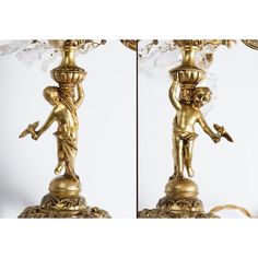 two pictures of a gold colored lamp with an angel holding a bird on it's arm