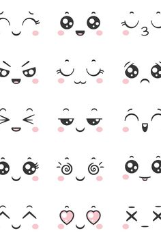 various faces drawn in black and white with pink cheeks, eyes and nose shapes on them