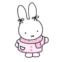 a drawing of a rabbit wearing a pink dress with polka dots on it's chest