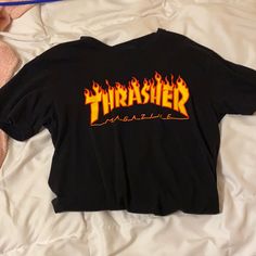 Black And Red Thrasher Shirt Never Worn Ever Black Flame Print Top For Streetwear, Casual Flame Print Tops For Streetwear, Casual Black Tops With Flame Print, Thrasher Shirt, Black Red, Black And Red, Womens Sizes, Womens Tops, Red