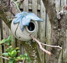 a bird house hanging from a tree branch with a blue bow on it's head