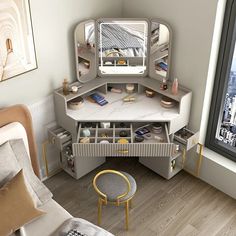 an aerial view of a bedroom with a desk and mirror