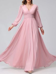 A-Line Bridesmaid Dress V Neck Long Sleeve Pink Floor Length Chiffon with Split Front / Ruching Pink Floor, Bridesmaid Dresses Long Chiffon, Prom Dresses Simple, Chiffon Wedding Dress, Pink Prom Dresses, Chiffon Long Sleeve, Chiffon Bridesmaid, Mermaid Prom Dresses, Mermaid Dresses