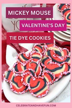 valentine's day tie dye mickey mouse cookies on a platter with holiday decorations around it Tie Dye Cookies, Mickey Mouse Tie Dye, Valentines Day Cookie Recipe, Holiday Activities For Kids, Diy Valentines Cards, Valentine's Day Party, Fun Arts And Crafts, Valentines Day Cookies, Holiday Crafts For Kids