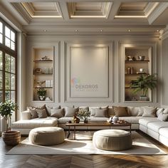 a living room with white couches and wooden floors