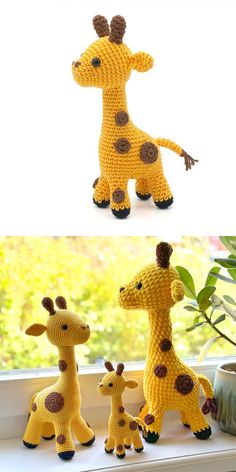 crocheted giraffes are sitting on the window sill