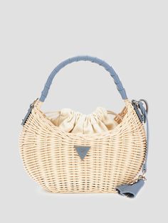 Basket-woven straw shoulder bag Gold-tone hardware and enamel signature emblem Mini curved silhouette Single-compartment construction Canvas pouch lining Drawstring closure Removeable tab keychain Top handle. Detachable crossbody strap. Bag Guess, Summer Purse, Summer Purses, Basket Woven, Cute Piercings, Brand Accessories, Cute Purses, Basket Bag, Mini Shoulder Bag