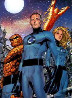 the fantastic four are standing in front of a full moon