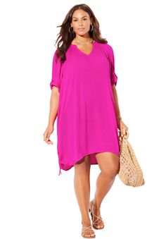 The easy, breezy Abigail Cover Up Tunic is a beach bag must-have! With a relaxed fit and lightweight fabric, this cover up is the perfect throw-on-and-go style for the beach to the boardwalk to poolside happy hour. Versatile roll-up sleeves and side ties let you adjust the look to suit your mood. Wear over all of your favorite swimsuits. V-neckAdjustable side tiesVersatile roll-up sleeves secure with a button 100% RayonHand wash with mild soap. Hang dry; avoid dryer.Imported Relaxed fit38" Front High Neck Swim Top, Halter Swim Top, Bra Cup Sizes, Matching Swimwear, Fruit Punch, Pink Swimsuit, Tankini Set, Swimsuits For All, Easy Breezy