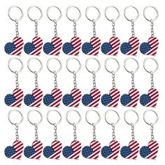 american flag heart shaped keychais are arranged in rows on a white background photo